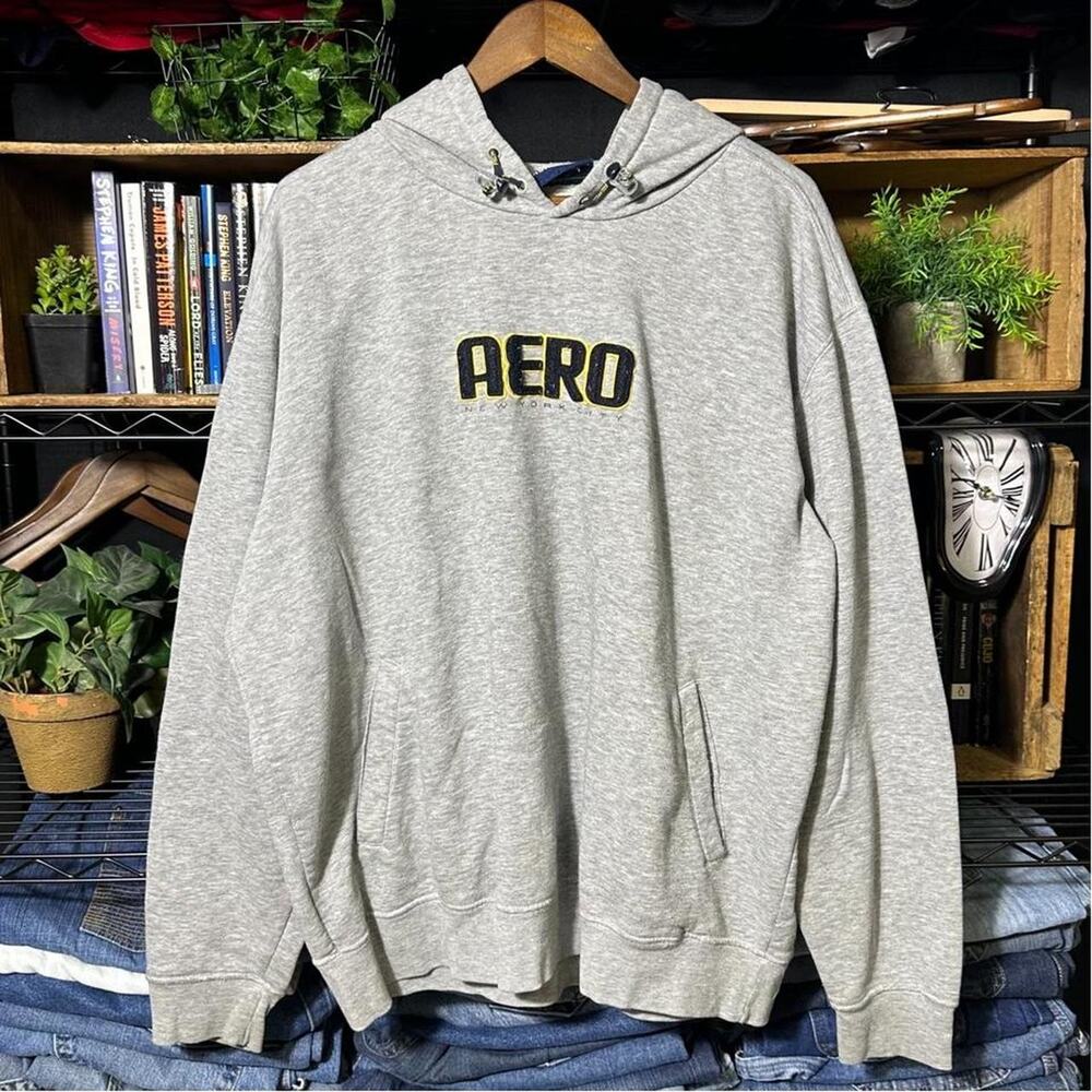 Vintage Y2K Aeropostale NYC Hoodie Gray New York City Sweatshirt Mens XL Skater